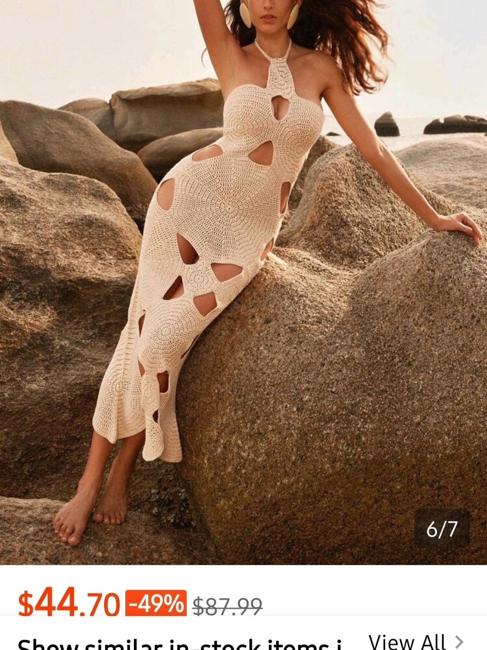 SHEIN Cream Crochet Cutout Halter Maxi Dress Size SMALL